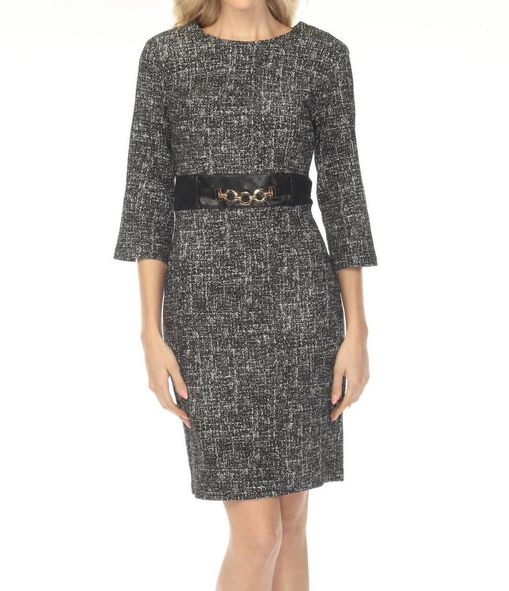 NEW JOSEPH RIBKOFF faux leather detail tweed dress in black/off-white